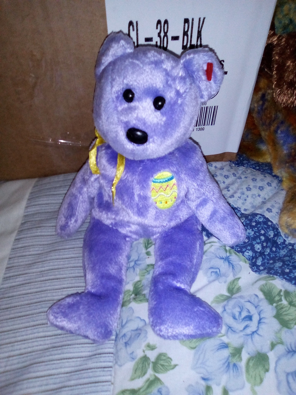 Ty Purple Plush Teddy Bear with Yellow Ribbon and Easter Egg Patch